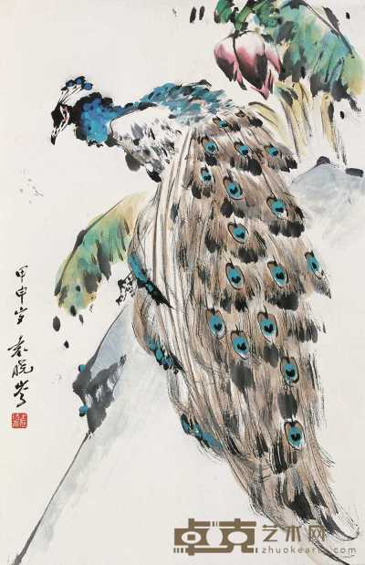 袁晓岑 甲申（2004年作） 芭蕉孔雀 立轴 68×46cm